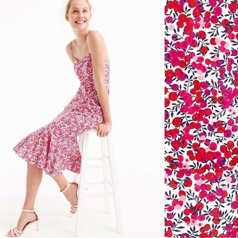 J. Crew Liberty Wiltshire Floral Ruffle Hem Midi Dress Red Size 4 petite 4P